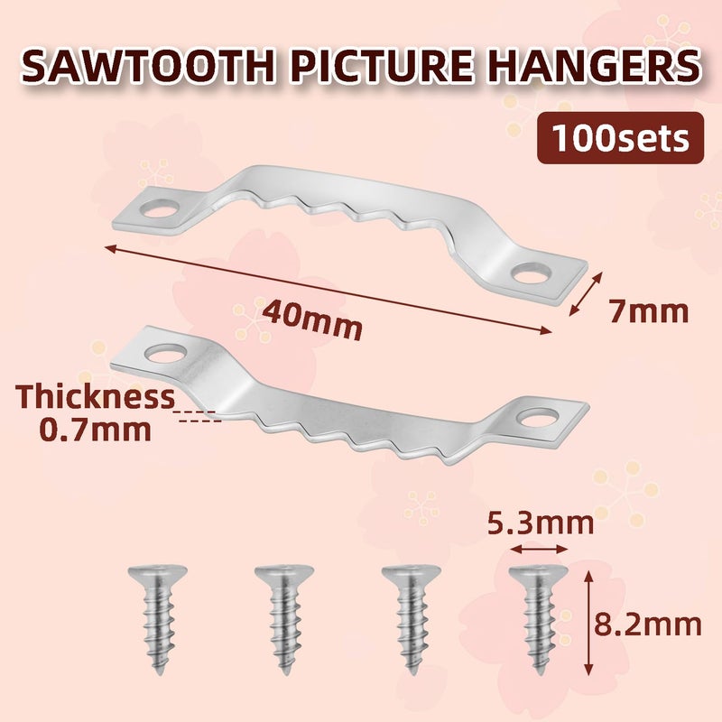 ManTangSun 100 Sets Picture Frame Hangers with Screws, Sawtooth Picture Hanger for Photos Canvas Clock Wood Frame Hardware Metal Hook Hanging Artwork Home Decoration (Silver) - Image 2